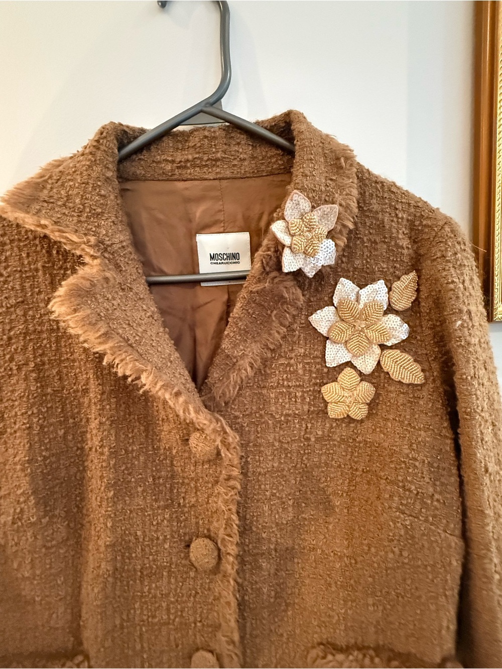 Moschino Brown Bouclé Pea Coat with Floral Appliqués